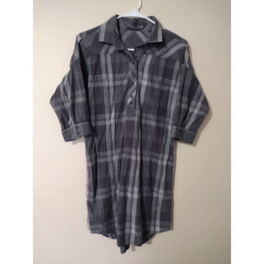 Prana Plaid Button Down Shirt Dress Tunic Grey Size Small